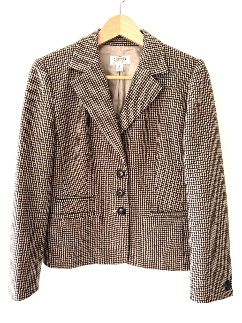 Talbots Vintage Wool Houndstooth Blazer Jacket Brown Cream 6 Petite Academia